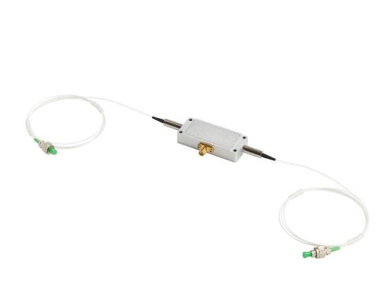 1550nm fiber-coupled acousto-optic modulator for fiber optic sensing applications such as distributed fiber optic vibration sensing systems.