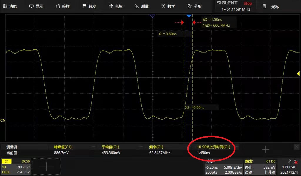 Screenshot of PD10A-200M's rise time test