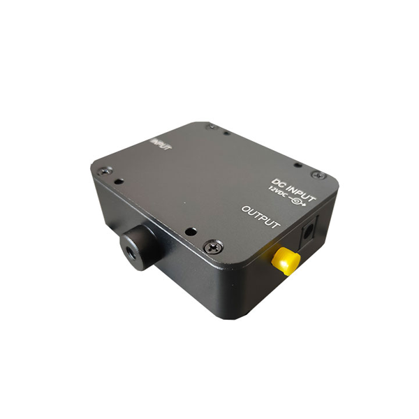The PD12 is a photodetector with amplification circuitry for use with FC-connected fiber optic cables in optical systems. The device consists of a photodiode, transimpedance amplifier, and RF connector packaged in an aluminum housing.